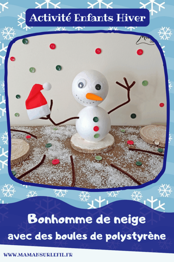 Fabriquer un bonhomme de neige avec des boules de polystyrène : activité créative et manuelle enfants - Le tutoriel et le matériel créatif vient de chez 10 Doigts - Pâte Effet neige, rondin de bois, collage - Bras branches en fils chenille - Gros yeux pour visage rigolo - Bonnet de Noël - Bricolage et décoration DIY - Bricolage Fait maison, décoration - Kit tout compris - Thème Hiver, froid, neige, Noël - Bricolage sympa et facile - Arts visuels Maternelle et cycle 2 - Maternelle et élémentaire - Créativité - Cycle 1 ou 2 - tutoriel photos - mslf