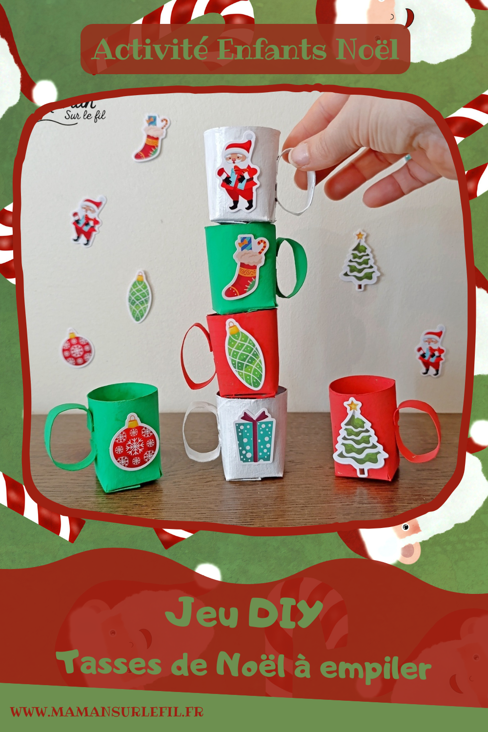 Fabriquer un jeu DIY : les tasses de Noël à empiler : activité créative, récup' et manuelle enfants - Tasses aux couleurs de Noël fabriquées avec des rouleaux de PQ - Recyclage, surcyclage de rouleaux de papier toilette en carton - Peinture, gommettes - - Jeu fait maison - Sens de l'équilibre - Empiler les tasses sans les faire tomber - Vert, rouge, blanc - Bricolage et décoration DIY et facile - Bricolage Fait maison, décoration - Thème Noël, fêtes de fin d'année, hiver, boissons chaudes - Bricolage sympa et facile - Arts visuels Maternelle et cycle 2 - Maternelle et élémentaire - Créativité - Cycle 1 ou 2 - tutoriel photos et vidéo - mslf