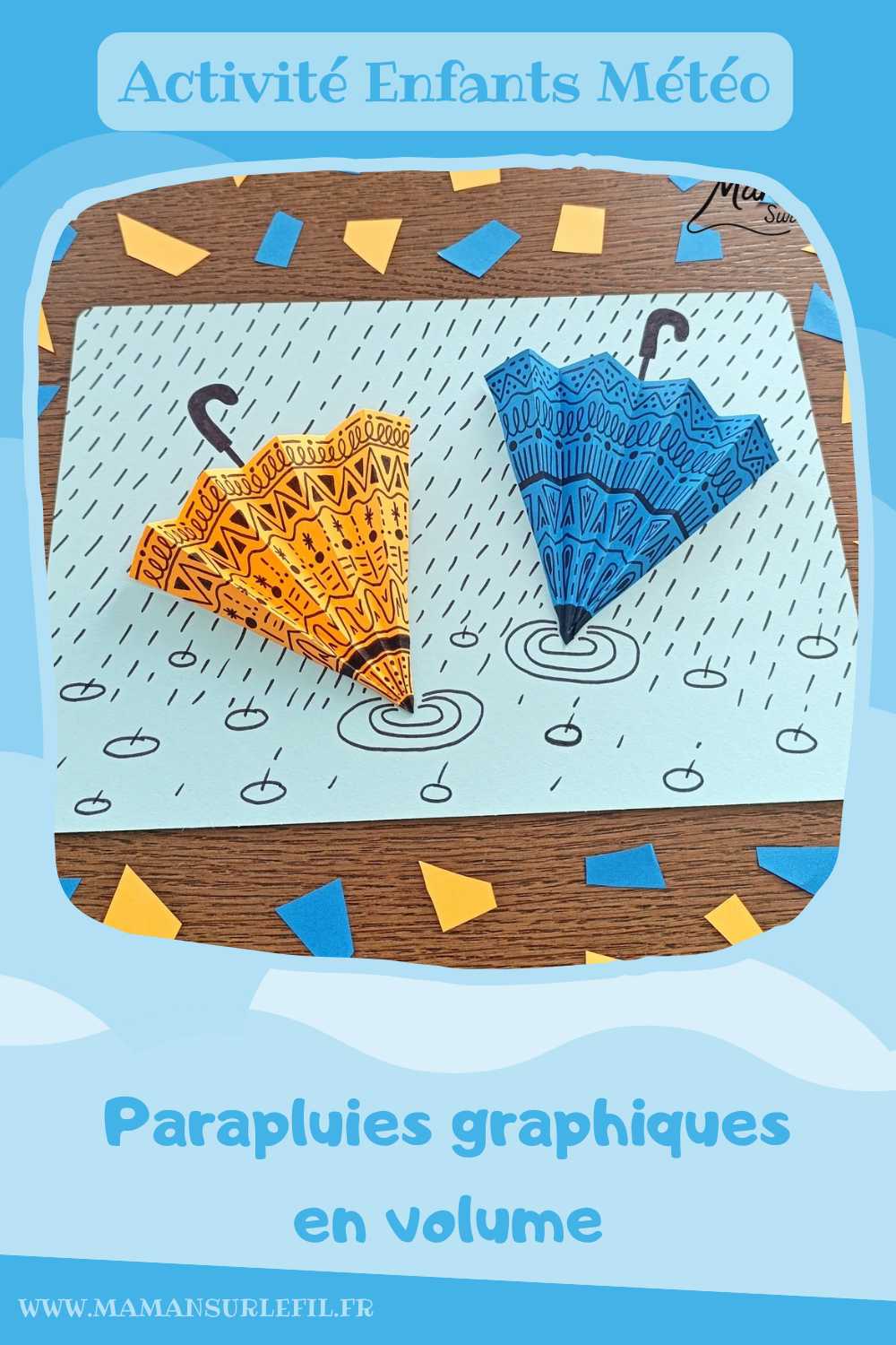 Créer des parapluies graphiques en volume : activité créative, papier et manuelle enfants - Dessin de cercles au compas - Graphismes et dessins noirs pour les décors du parapluie - Découpage et pliage pour l'accordéon - Collage et dessins pour donner l'impression que les parapluies sont posés sous la pluie - Traits obliques - Bricolage et décoration DIY et facile - Bricolage Fait maison, décoration - Thème Météo, Pluie, Nuage, Ciel, Automne - Bricolage sympa et facile - Arts visuels Maternelle et cycle 2 - Maternelle et élémentaire - Créativité - Cycle 1 ou 2 - tutoriel photos - mslf
