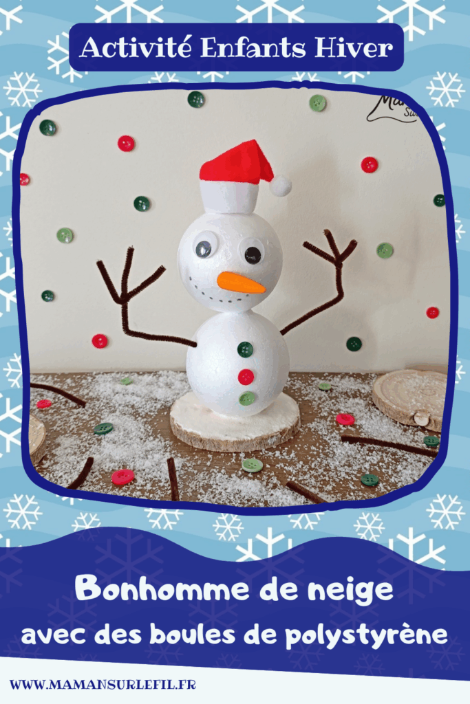 Fabriquer un bonhomme de neige avec des boules de polystyrène : activité créative et manuelle enfants - Le tutoriel et le matériel créatif vient de chez 10 Doigts - Pâte Effet neige, rondin de bois, collage - Bras branches en fils chenille - Gros yeux pour visage rigolo - Bonnet de Noël - Bricolage et décoration DIY - Bricolage Fait maison, décoration - Kit tout compris - Thème Hiver, froid, neige, Noël - Bricolage sympa et facile - Arts visuels Maternelle et cycle 2 - Maternelle et élémentaire - Créativité - Cycle 1 ou 2 - tutoriel photos - mslf