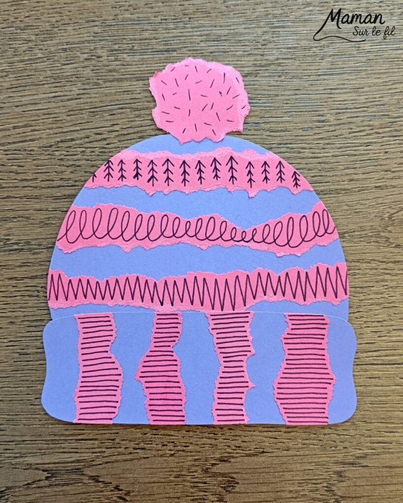 Fabriquer des bonnets en papier déchiré et graphismes : activité créative et manuelle enfants - Découpage, déchirage et collage de papier - Dessin, graphismes noirs - Contraste entre couleurs et noir - Tracer des lignes Pompons - Bricolage et décoration DIY et facile - Bricolage Fait maison, décoration - Thème hiver, froid, neige, montagne, vêtements - Bricolage sympa et facile - Arts visuels Maternelle et cycle 2 - Maternelle et élémentaire - Créativité - Cycle 1 ou 2 - tutoriel photos et vidéo - mslf