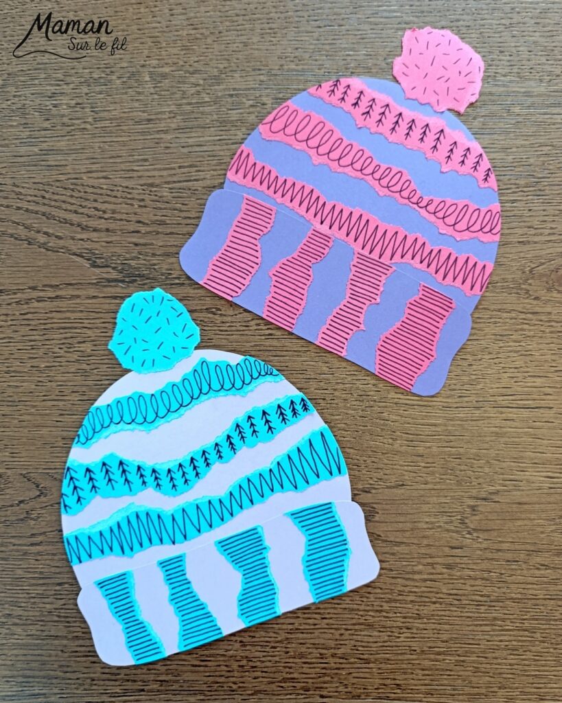 Fabriquer des bonnets en papier déchiré et graphismes : activité créative et manuelle enfants - Découpage, déchirage et collage de papier - Dessin, graphismes noirs - Contraste entre couleurs et noir - Tracer des lignes Pompons - Bricolage et décoration DIY et facile - Bricolage Fait maison, décoration - Thème hiver, froid, neige, montagne, vêtements - Bricolage sympa et facile - Arts visuels Maternelle et cycle 2 - Maternelle et élémentaire - Créativité - Cycle 1 ou 2 - tutoriel photos et vidéo - mslf