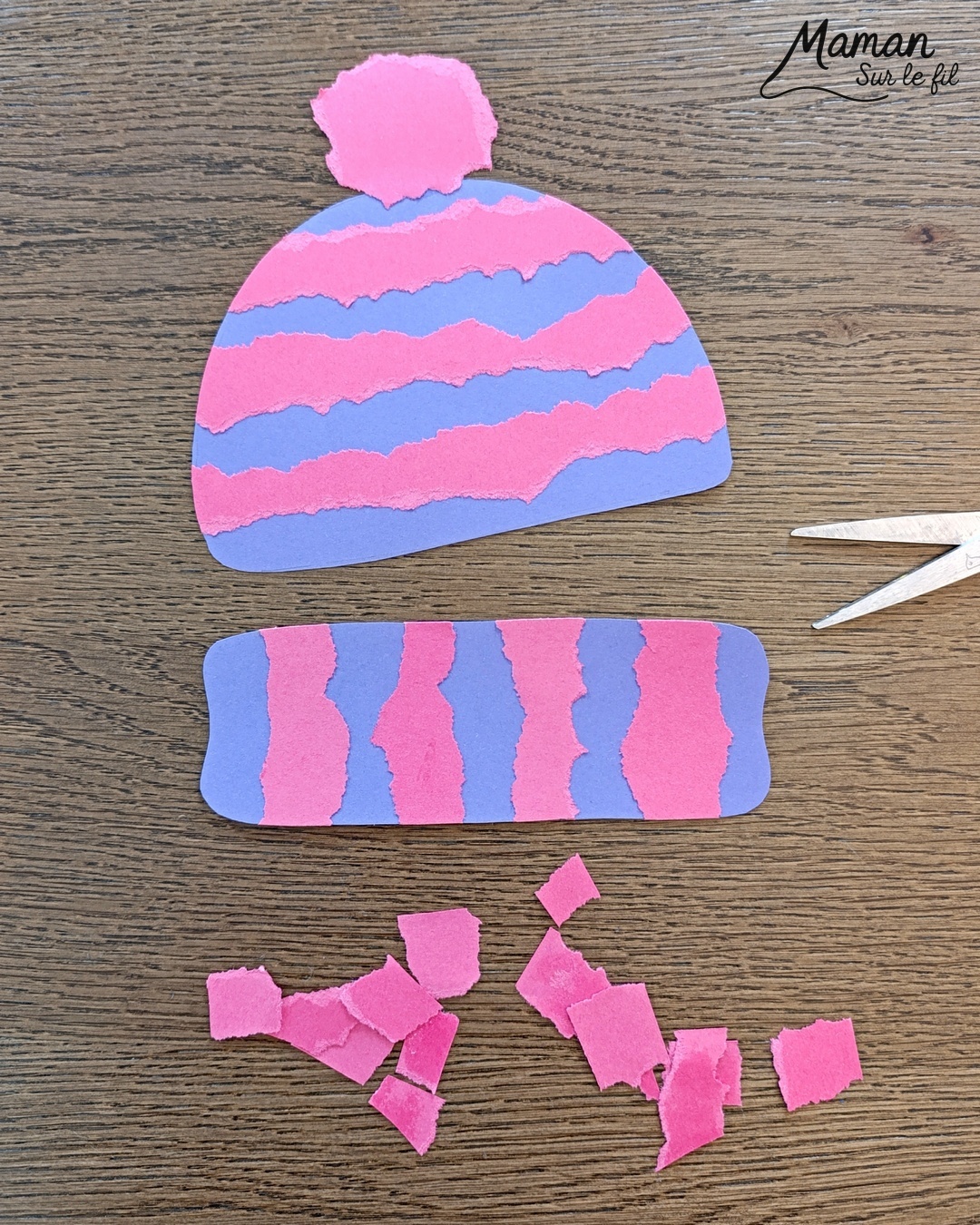 Fabriquer des bonnets en papier déchiré et graphismes : activité créative et manuelle enfants - Découpage, déchirage et collage de papier - Dessin, graphismes noirs - Contraste entre couleurs et noir - Tracer des lignes Pompons - Bricolage et décoration DIY et facile - Bricolage Fait maison, décoration - Thème hiver, froid, neige, montagne, vêtements - Bricolage sympa et facile - Arts visuels Maternelle et cycle 2 - Maternelle et élémentaire - Créativité - Cycle 1 ou 2 - tutoriel photos et vidéo - mslf