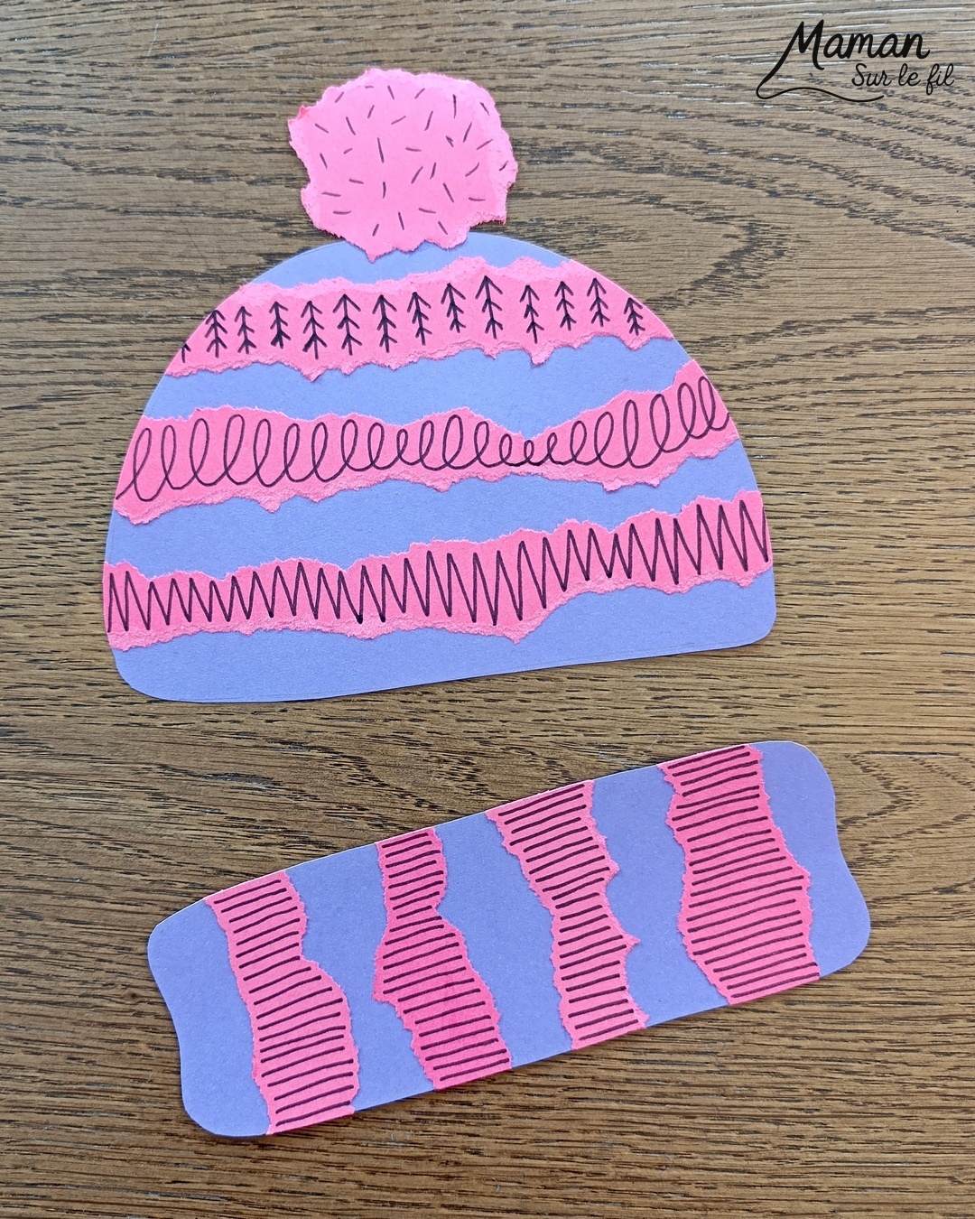 Fabriquer des bonnets en papier déchiré et graphismes : activité créative et manuelle enfants - Découpage, déchirage et collage de papier - Dessin, graphismes noirs - Contraste entre couleurs et noir - Tracer des lignes Pompons - Bricolage et décoration DIY et facile - Bricolage Fait maison, décoration - Thème hiver, froid, neige, montagne, vêtements - Bricolage sympa et facile - Arts visuels Maternelle et cycle 2 - Maternelle et élémentaire - Créativité - Cycle 1 ou 2 - tutoriel photos et vidéo - mslf