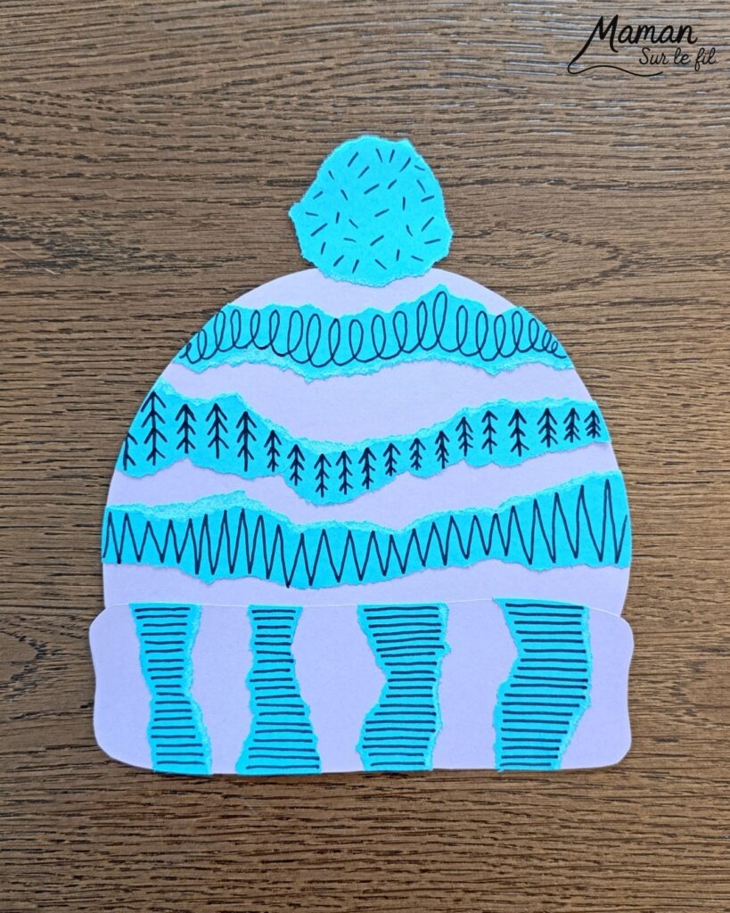 Fabriquer des bonnets en papier déchiré et graphismes : activité créative et manuelle enfants - Découpage, déchirage et collage de papier - Dessin, graphismes noirs - Contraste entre couleurs et noir - Tracer des lignes Pompons - Bricolage et décoration DIY et facile - Bricolage Fait maison, décoration - Thème hiver, froid, neige, montagne, vêtements - Bricolage sympa et facile - Arts visuels Maternelle et cycle 2 - Maternelle et élémentaire - Créativité - Cycle 1 ou 2 - tutoriel photos et vidéo - mslf