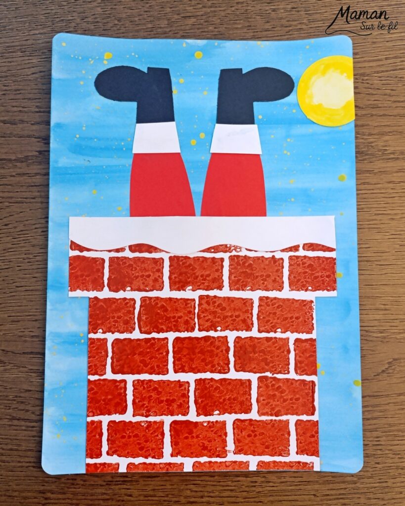 Créer un Père Noël à l'envers dans la cheminée : activité créative et manuelle enfants - Découpage et collage de papier -Fond en peinture type aquarelle et peinture éclaboussée jaune pour les étoiles - Cheminée peinte avec une éponge pour la texture et la forme des briques - Papier blanc pour la neige - - Bricolage rigolo et décoration DIY et facile - Bricolage Fait maison, décoration - Thème hiver, froid, Noël, fêtes de fin d'année - Bricolage sympa et facile - Arts visuels Maternelle et cycle 2 - Maternelle et élémentaire - Créativité - Cycle 1 ou 2 - tutoriel photos - mslf