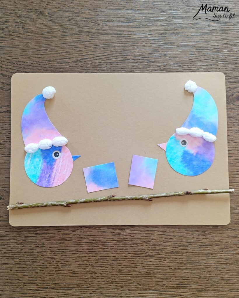 Créer des petits oiseaux d'hiver et leurs cadeaux avec la technique des feutres et du papier aluminium : activité créative, peinture et manuelle enfants - Oiseaux hivernaux avec cercles de papier - Couleurs avec feutres sur aluminium et eau - Technique au rendu joli - Cercles, géométrie, découpage, collage - Perforatrice - Land art avec collage d'une branche - Petits bonnets et cadeaux pour décorer - Flocons de maïs -Dessin - Couleurs hivernales - Bricolage DIY facile et rapide - Thème hiver, Noël, oiseaux, animaux de la forêt, des bois, du froid, nature - Décoration DIY - Bricolage et décoration sympa et facile - Arts visuels maternelle et élémentaire - Cycles 1 et 2 - Créativité - tutoriel photos - mslf