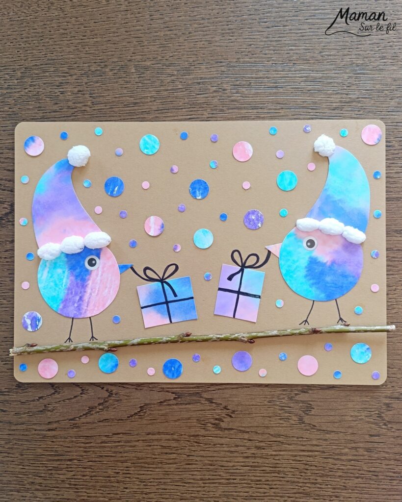 Créer des petits oiseaux d'hiver et leurs cadeaux avec la technique des feutres et du papier aluminium : activité créative, peinture et manuelle enfants - Oiseaux hivernaux avec cercles de papier - Couleurs avec feutres sur aluminium et eau - Technique au rendu joli - Cercles, géométrie, découpage, collage - Perforatrice - Land art avec collage d'une branche - Petits bonnets et cadeaux pour décorer - Flocons de maïs -Dessin - Couleurs hivernales - Bricolage DIY facile et rapide - Thème hiver, Noël, oiseaux, animaux de la forêt, des bois, du froid, nature - Décoration DIY - Bricolage et décoration sympa et facile - Arts visuels maternelle et élémentaire - Cycles 1 et 2 - Créativité - tutoriel photos - mslf