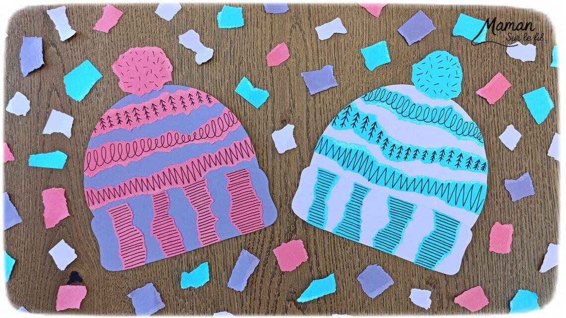 Fabriquer des bonnets en papier déchiré et graphismes : activité créative et manuelle enfants - Découpage, déchirage et collage de papier - Dessin, graphismes noirs - Contraste entre couleurs et noir - Tracer des lignes Pompons - Bricolage et décoration DIY et facile - Bricolage Fait maison, décoration - Thème hiver, froid, neige, montagne, vêtements - Bricolage sympa et facile - Arts visuels Maternelle et cycle 2 - Maternelle et élémentaire - Créativité - Cycle 1 ou 2 - tutoriel photos et vidéo - mslf