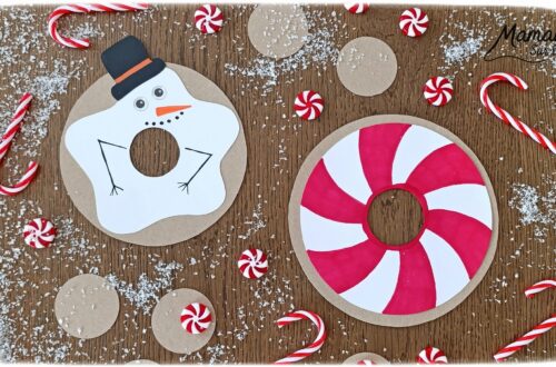 Fabriquer des donuts gourmands d'hiver en carton et papier : activité créative, récup' et manuelle enfants - Version bonhomme de neige et sucre d'orge - Découpage et collage de papier - Recyclage, surcyclage de carton fin - Géométrie, utilisation du compas, cercles - Dessin, coloriage - Bricolage et décoration DIY et facile - Bricolage Fait maison, décoration - Thème hiver, froid, neige, gourmandises, bonbons, Noël - Bricolage sympa et facile - Arts visuels Maternelle et cycle 2 - Maternelle et élémentaire - Créativité - Cycle 1 ou 2 - tutoriel photos - mslf