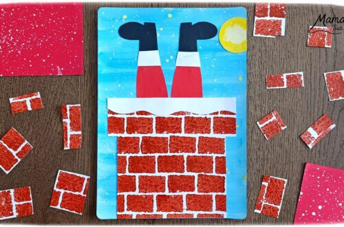 Créer un Père Noël à l'envers dans la cheminée : activité créative et manuelle enfants - Découpage et collage de papier -Fond en peinture type aquarelle et peinture éclaboussée jaune pour les étoiles - Cheminée peinte avec une éponge pour la texture et la forme des briques - Papier blanc pour la neige - - Bricolage rigolo et décoration DIY et facile - Bricolage Fait maison, décoration - Thème hiver, froid, Noël, fêtes de fin d'année - Bricolage sympa et facile - Arts visuels Maternelle et cycle 2 - Maternelle et élémentaire - Créativité - Cycle 1 ou 2 - tutoriel photos - mslf