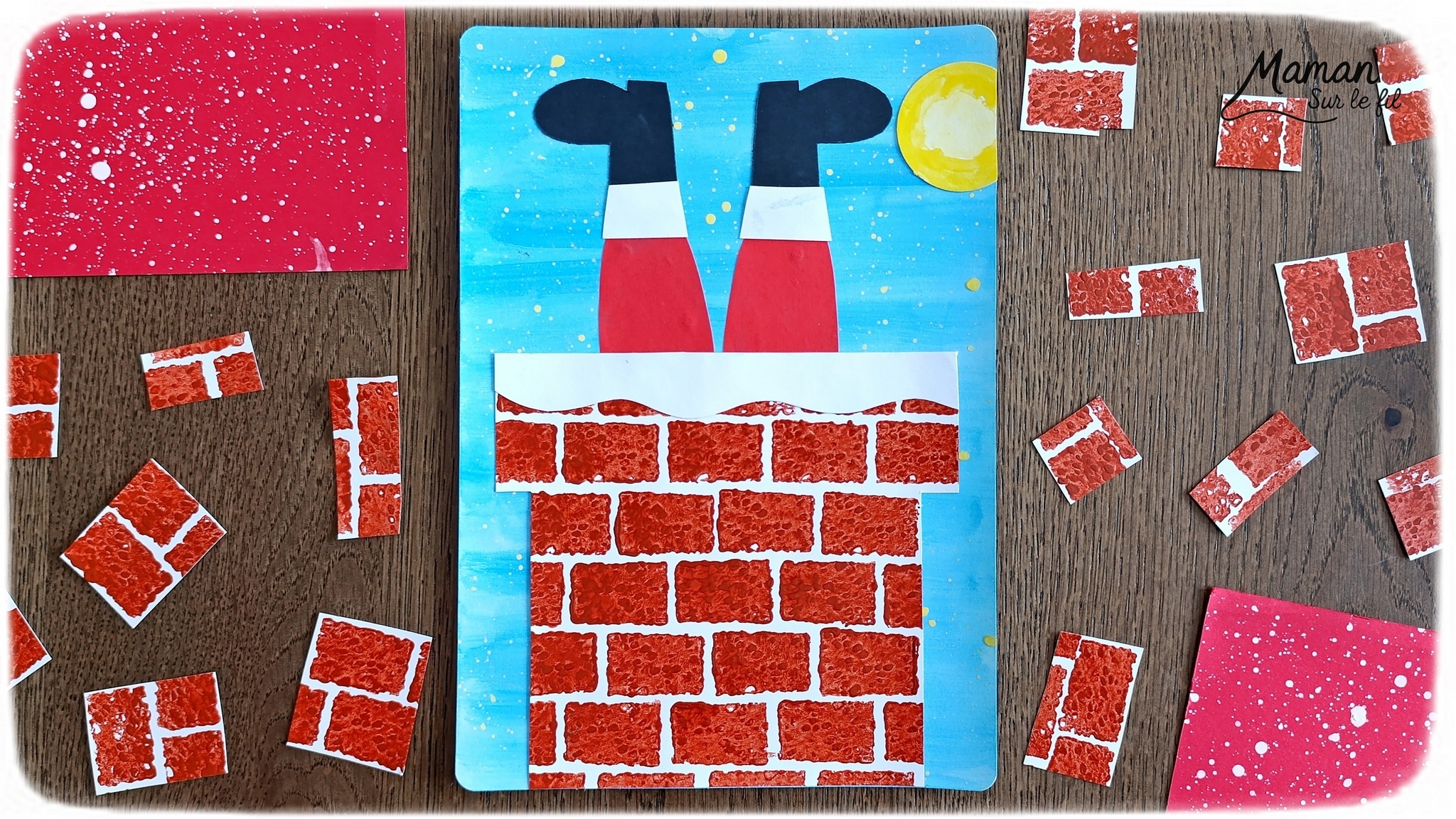 Créer un Père Noël à l'envers dans la cheminée : activité créative et manuelle enfants - Découpage et collage de papier -Fond en peinture type aquarelle et peinture éclaboussée jaune pour les étoiles - Cheminée peinte avec une éponge pour la texture et la forme des briques - Papier blanc pour la neige - - Bricolage rigolo et décoration DIY et facile - Bricolage Fait maison, décoration - Thème hiver, froid, Noël, fêtes de fin d'année - Bricolage sympa et facile - Arts visuels Maternelle et cycle 2 - Maternelle et élémentaire - Créativité - Cycle 1 ou 2 - tutoriel photos - mslf