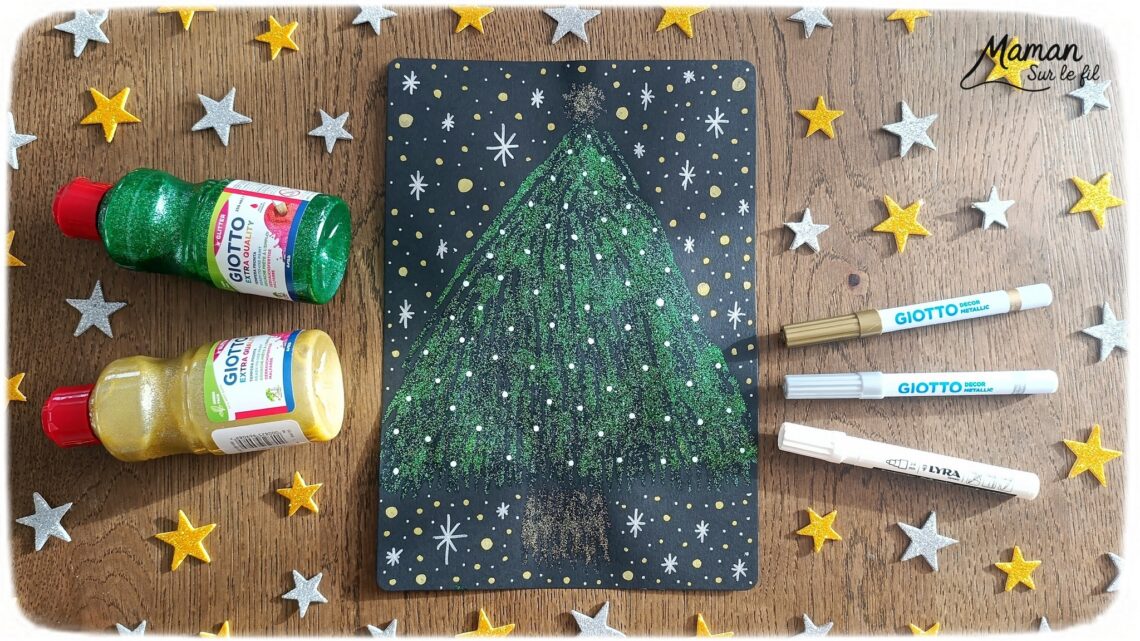 Peindre un sapin pailleté en peinture à la fourchette : activité créative, peinture et manuelle enfants - Technique de peinture rigolote avec peinture pailletée - Fourchette et paille découpée pour l'étoile - Vert et doré - Dessin et graphismes aux feutres blancs et métalliques - Sapin de Noël qui brille - Bricolage DIY facile et rapide - Thème hiver, Noël, fêtes de fin d'année - Décoration DIY - Bricolage et décoration sympa et facile - Arts visuels maternelle et élémentaire - Cycles 1 et 2 - Créativité - tutoriel photos - mslf