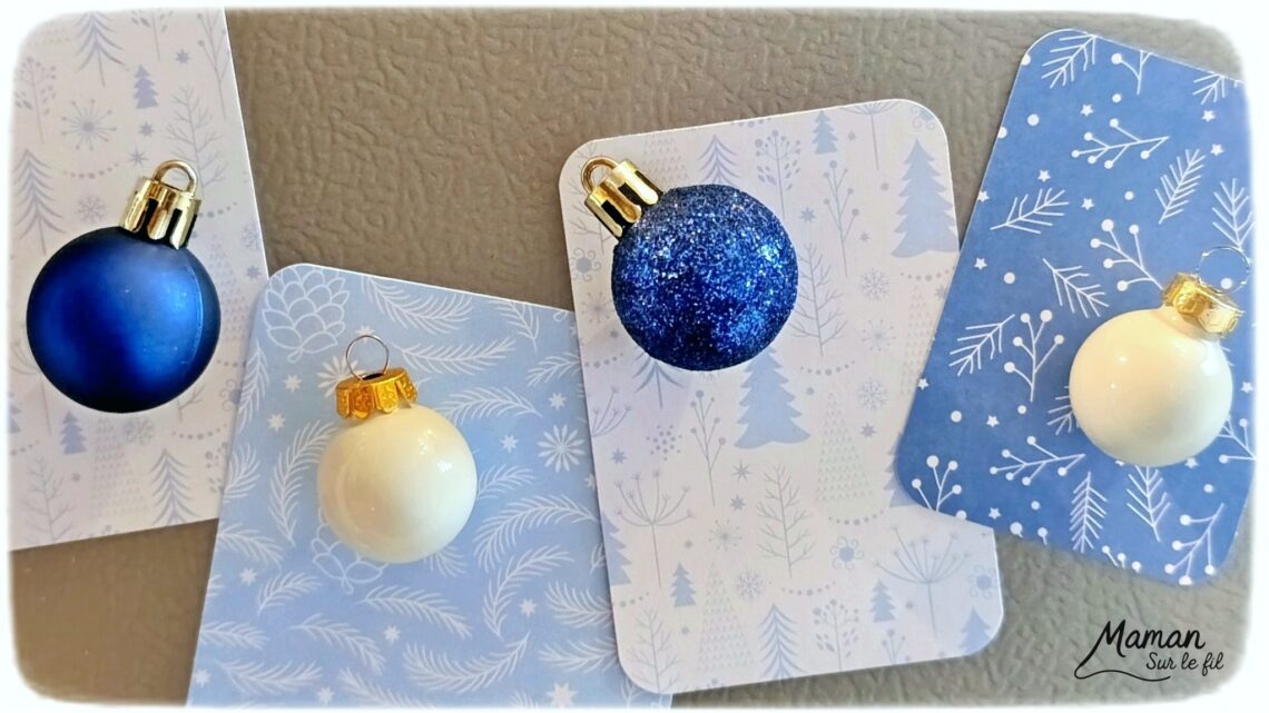Fabriquer des magnets hivernaux avec de vieilles boules de Noël : activité créative, récup' et manuelle enfants - Recyclage, surcyclage de mini boules de Noël - Décoration faite maison et DIY - Bleu et blanc - Décoration à offrir - à accrocher au frigo - Entre Noël et hiver -Bricolage joli et décoration DIY et facile - Bricolage Fait maison, décoration - Thème Noël, fêtes de fin d'année, décorations pour la maison, hiver - Bricolage sympa et facile - Arts visuels Maternelle et cycle 2 - Maternelle et élémentaire - Créativité - Cycle 1 ou 2 - tutoriel photos - mslf