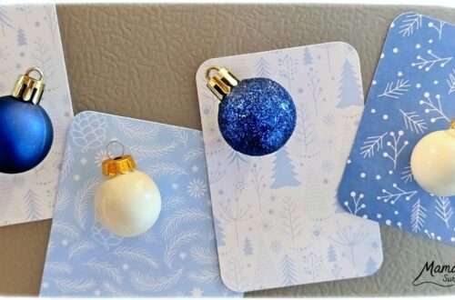 Fabriquer des magnets hivernaux avec de vieilles boules de Noël : activité créative, récup' et manuelle enfants - Recyclage, surcyclage de mini boules de Noël - Décoration faite maison et DIY - Bleu et blanc - Décoration à offrir - à accrocher au frigo - Entre Noël et hiver -Bricolage joli et décoration DIY et facile - Bricolage Fait maison, décoration - Thème Noël, fêtes de fin d'année, décorations pour la maison, hiver - Bricolage sympa et facile - Arts visuels Maternelle et cycle 2 - Maternelle et élémentaire - Créativité - Cycle 1 ou 2 - tutoriel photos - mslf