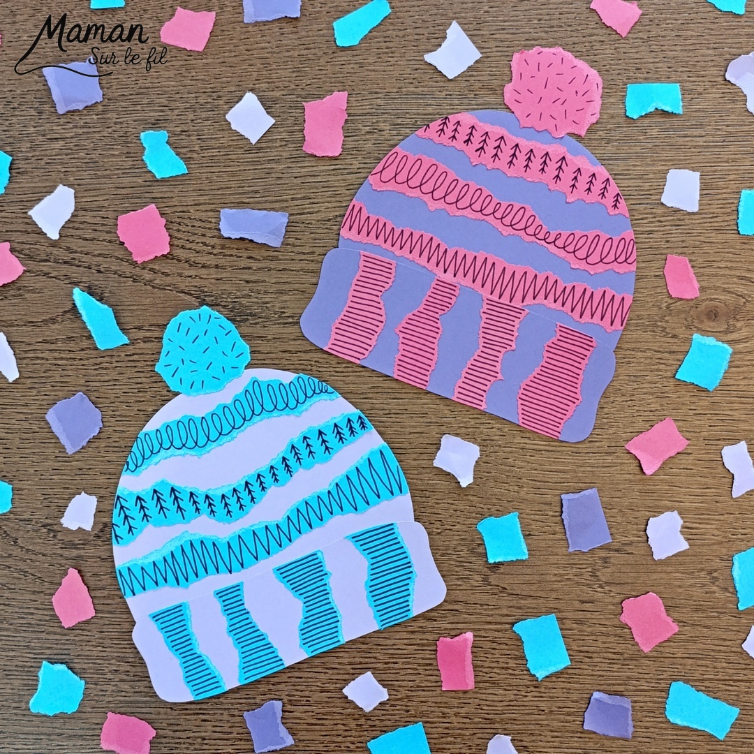 Fabriquer des bonnets en papier déchiré et graphismes : activité créative et manuelle enfants - Découpage, déchirage et collage de papier - Dessin, graphismes noirs - Contraste entre couleurs et noir - Tracer des lignes Pompons - Bricolage et décoration DIY et facile - Bricolage Fait maison, décoration - Thème hiver, froid, neige, montagne, vêtements - Bricolage sympa et facile - Arts visuels Maternelle et cycle 2 - Maternelle et élémentaire - Créativité - Cycle 1 ou 2 - tutoriel photos et vidéo - mslf