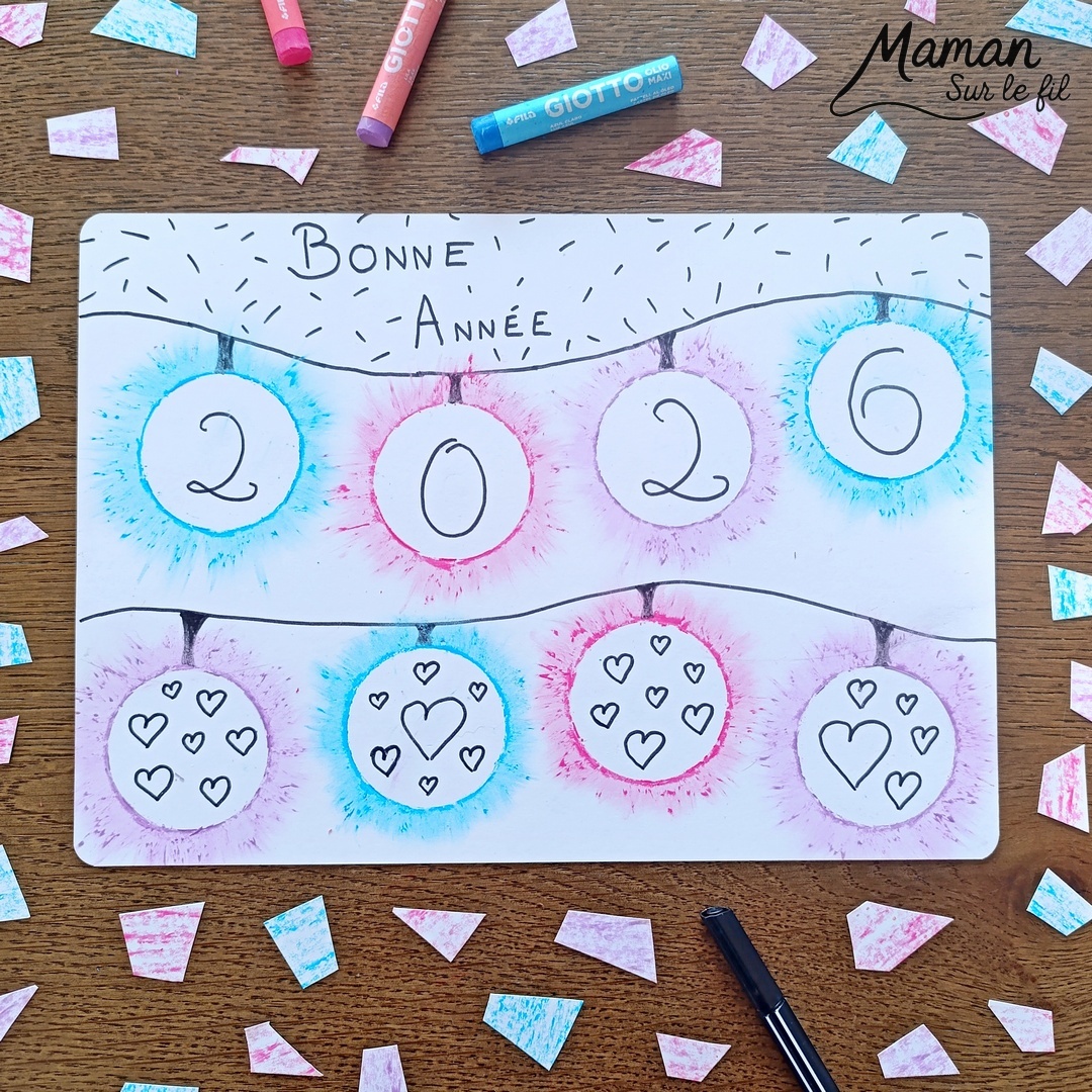 Créer une guirlande lumineuse en pastels étalés pour la nouvelle année : activité créative et manuelle enfants - Carte pour souhaiter une bonne année 2026 - Technique du pastel gras étalé au doigt pour un effet lumineux - Dessin, écriture et graphismes noirs - Nouvel an, Jour de l'an ou Noël - Bricolage et décoration DIY et facile - Bricolage Fait maison, décoration - Thème Fêtes de fin d'année, Nouvel an, Jour de l'an, bonne année - Bricolage sympa et facile - Arts visuels Maternelle et cycle 2 - Maternelle et élémentaire - Créativité - Cycle 1 ou 2 - tutoriel photos et vidéo - mslf