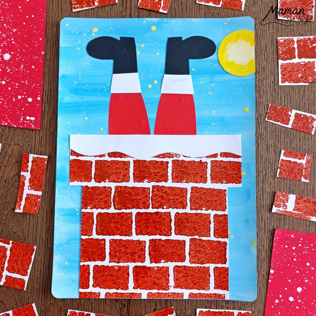 Créer un Père Noël à l'envers dans la cheminée : activité créative et manuelle enfants - Découpage et collage de papier -Fond en peinture type aquarelle et peinture éclaboussée jaune pour les étoiles - Cheminée peinte avec une éponge pour la texture et la forme des briques - Papier blanc pour la neige - - Bricolage rigolo et décoration DIY et facile - Bricolage Fait maison, décoration - Thème hiver, froid, Noël, fêtes de fin d'année - Bricolage sympa et facile - Arts visuels Maternelle et cycle 2 - Maternelle et élémentaire - Créativité - Cycle 1 ou 2 - tutoriel photos - mslf