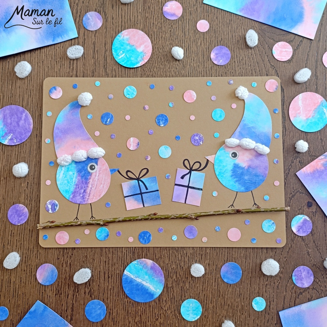 Créer des petits oiseaux d'hiver et leurs cadeaux avec la technique des feutres et du papier aluminium : activité créative, peinture et manuelle enfants - Oiseaux hivernaux avec cercles de papier - Couleurs avec feutres sur aluminium et eau - Technique au rendu joli - Cercles, géométrie, découpage, collage - Perforatrice - Land art avec collage d'une branche - Petits bonnets et cadeaux pour décorer - Flocons de maïs -Dessin - Couleurs hivernales - Bricolage DIY facile et rapide - Thème hiver, Noël, oiseaux, animaux de la forêt, des bois, du froid, nature - Décoration DIY - Bricolage et décoration sympa et facile - Arts visuels maternelle et élémentaire - Cycles 1 et 2 - Créativité - tutoriel photos - mslf