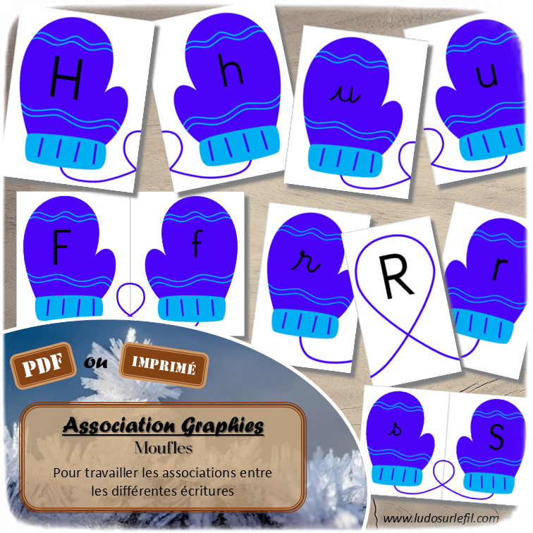 Jeu d'association différentes graphies des lettres - Moufles - pour un thème sur l'hiver, le froid, la neige, ls moufles, les gants ou les vêtements - Ecritures majuscule et minuscule script et minuscule cursif - Ordre alphabétique - Alphabet - Atelier autonome maternelle - IEF - PDF à télécharger et imprimer ou jeu imprimé - version cartes facile à découper - Puzzles Association Moufle gauche et moufle droite - Français - lslf