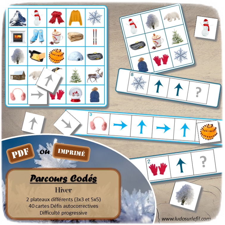 Suis les parcours codés - Hiver : froid, neige, alimentation, nature, animaux, vêtements... - codage, repérage et vocabulaire spatial - jeu et atelier autonome et autocorrectif Maternelle (Cycle 1) et Primaire (Cycle 2) - Niveaux et difficulté progressifs - PDF à télécharger et à imprimer ou jeu imprimé - difficulté progressive et solutions - lslf