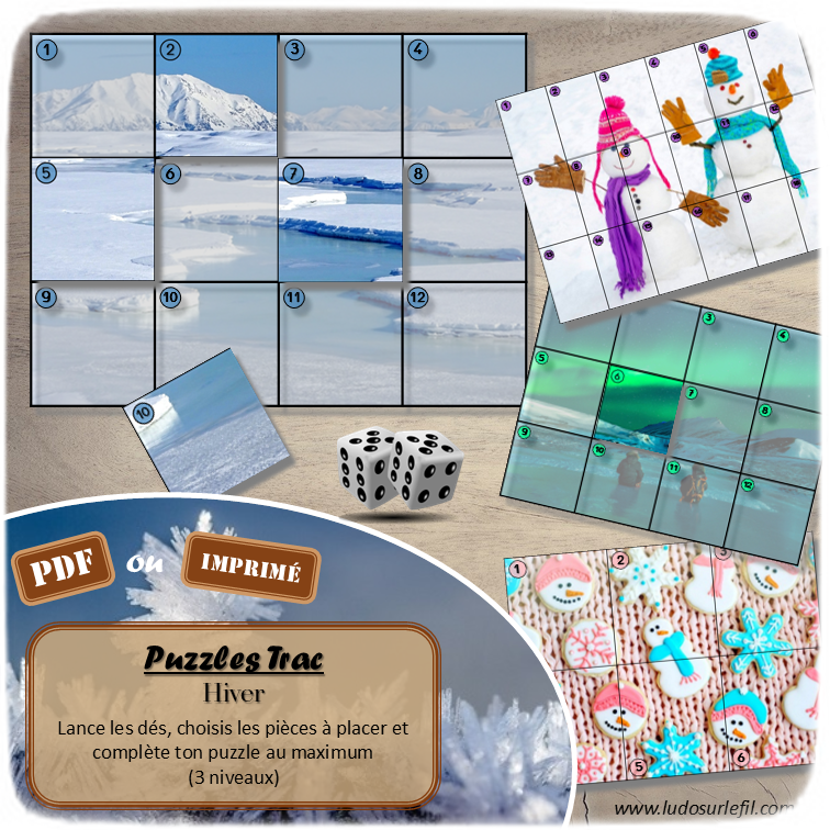 Jeu Puzzles Trac - Hiver - inspiré du célèbre Shut the box - Fermer la boîte - Trac - lance les dés, choisis les pièces et complète ton puzzle au maximum - Mathématiques, constellations, dénombrement, additions, décomposition additive, stratégie, probabilité, différentes représentations nombre - Jeu de société en 3 niveaux progressifs - de 1 à 18 - Atelier maternelle et élémentaire - PDF à télécharger et imprimer ou jeu imprimé - cycles 1 ou 2 - calcul - Hiver, froid, neige, banquise, saisons - lslf