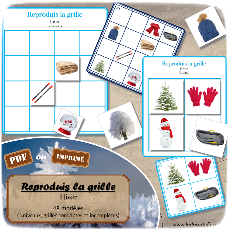 Reproduis la grille - Hiver - 48 modèles à reproduire - Repérage dans l'espace et vocabulaire spatial - Variante pour travailler la mémoire - Variante à deux pour le langage oral - Dicte, décris la grille pour que l'autre jouer la reproduise - jeu et atelier autonome Maternelle (Cycle 1) et Primaire (Cycle 2) - PDF à télécharger et à imprimer ou jeu imprimé - difficulté progressive - repérage spatial - se repérer dans une grille, dans un tableau - Thème Hiver, Froid, Neige, 4 saisons - lslf