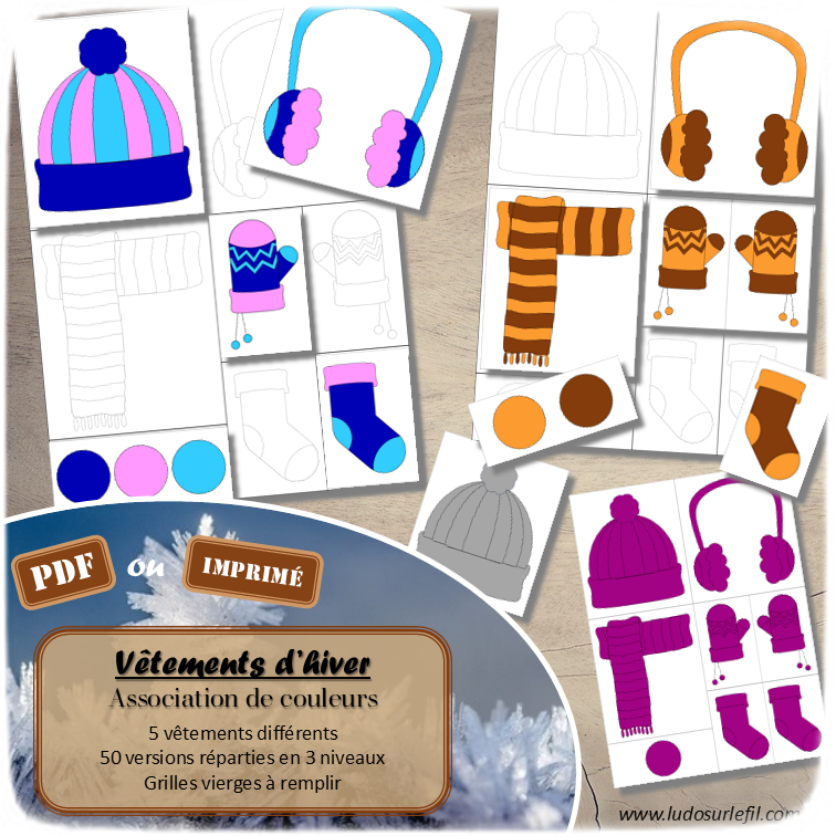 Vêtements d'hiver - Association de couleurs - Vêtements différentes proposés en 3 niveaux : 12 cartes 1 couleur, 18 cartes 2 couleurs, 20 cartes 3 couleurs - 50 version en tout - Grilles vierges à compléter - Association et connaissance des couleurs - Jeu et atelier autocorrectif et autonome - observation - discrimination visuelle - PDF à télécharger et à imprimer ou jeu imprimé - Atelier maternelle Cycle 2 - Vocabulaire - Vêtements, hiver, froid, neige, moufles, bonnet, écharpe, cache-oreilles, chaussette - lslf