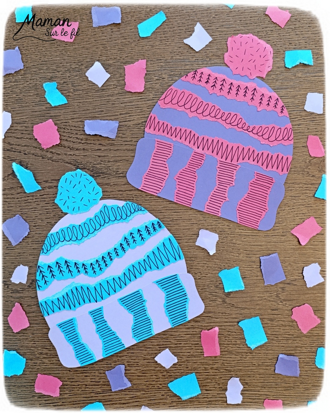 Fabriquer des bonnets en papier déchiré et graphismes : activité créative et manuelle enfants - Découpage, déchirage et collage de papier - Dessin, graphismes noirs - Contraste entre couleurs et noir - Tracer des lignes Pompons - Bricolage et décoration DIY et facile - Bricolage Fait maison, décoration - Thème hiver, froid, neige, montagne, vêtements - Bricolage sympa et facile - Arts visuels Maternelle et cycle 2 - Maternelle et élémentaire - Créativité - Cycle 1 ou 2 - tutoriel photos et vidéo - mslf