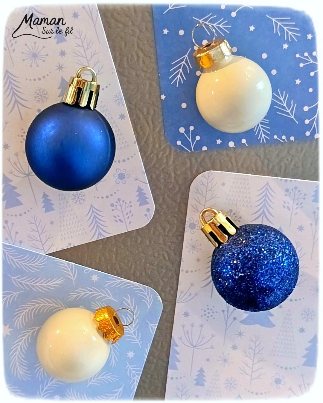 Fabriquer des magnets hivernaux avec de vieilles boules de Noël : activité créative, récup' et manuelle enfants - Recyclage, surcyclage de mini boules de Noël - Décoration faite maison et DIY - Bleu et blanc - Décoration à offrir - à accrocher au frigo - Entre Noël et hiver -Bricolage joli et décoration DIY et facile - Bricolage Fait maison, décoration - Thème Noël, fêtes de fin d'année, décorations pour la maison, hiver - Bricolage sympa et facile - Arts visuels Maternelle et cycle 2 - Maternelle et élémentaire - Créativité - Cycle 1 ou 2 - tutoriel photos - mslf