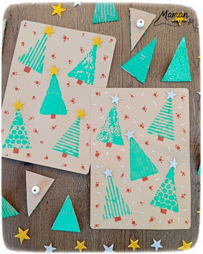 Fabriquer des tampons Sapins DIY en récup' : activité créative, récup', peinture et manuelle enfants - Recyclage, surcyclage de carton, de papier à bulles et de papier aluminium - Carton plat et ondulé - Perles pour la prise en main plus facile - Différentes textures pour différentes rendus - Peinture avec les tampons fait maison - Dessin et graphismes pour les détails - Gommettes Etoiles pailletées - Bricolage DIY facile et rapide - Thème hiver, Noël, fêtes de fin d'année - Décoration DIY - Bricolage et décoration sympa et facile - Arts visuels maternelle et élémentaire - Cycles 1 et 2 - Créativité - tutoriel photos et vidéo - mslf