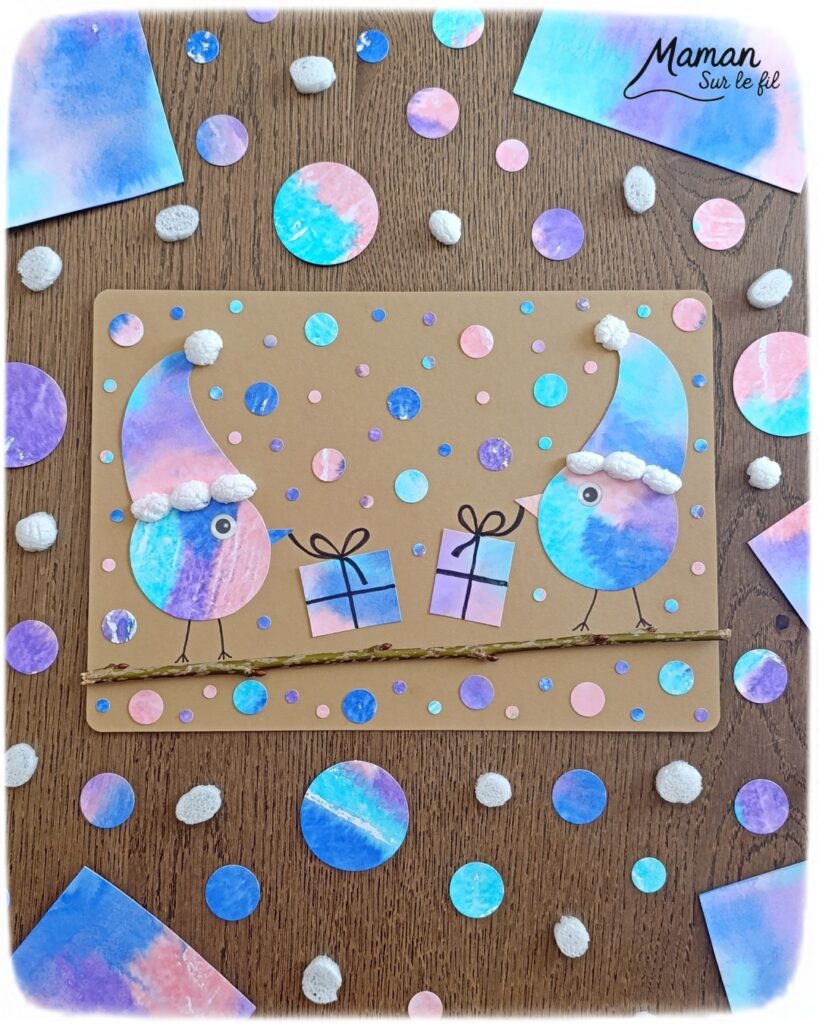 Créer des petits oiseaux d'hiver et leurs cadeaux avec la technique des feutres et du papier aluminium : activité créative, peinture et manuelle enfants - Oiseaux hivernaux avec cercles de papier - Couleurs avec feutres sur aluminium et eau - Technique au rendu joli - Cercles, géométrie, découpage, collage - Perforatrice - Land art avec collage d'une branche - Petits bonnets et cadeaux pour décorer - Flocons de maïs -Dessin - Couleurs hivernales - Bricolage DIY facile et rapide - Thème hiver, Noël, oiseaux, animaux de la forêt, des bois, du froid, nature - Décoration DIY - Bricolage et décoration sympa et facile - Arts visuels maternelle et élémentaire - Cycles 1 et 2 - Créativité - tutoriel photos - mslf