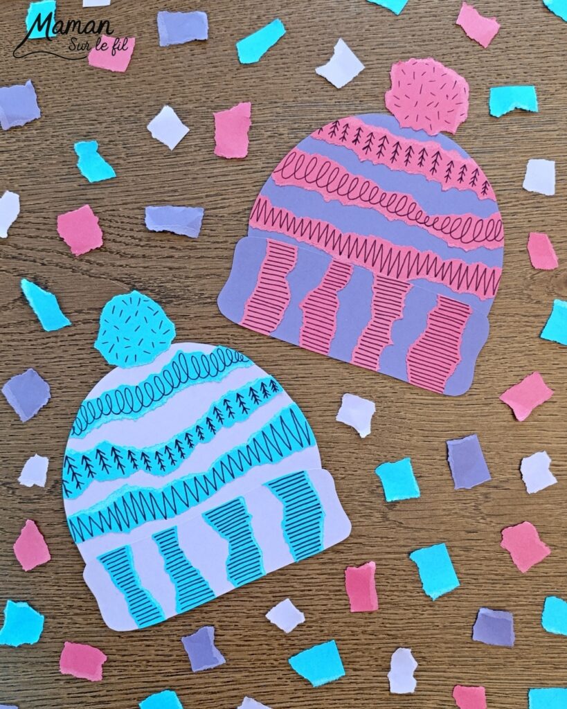 Fabriquer des bonnets en papier déchiré et graphismes : activité créative et manuelle enfants - Découpage, déchirage et collage de papier - Dessin, graphismes noirs - Contraste entre couleurs et noir - Tracer des lignes Pompons - Bricolage et décoration DIY et facile - Bricolage Fait maison, décoration - Thème hiver, froid, neige, montagne, vêtements - Bricolage sympa et facile - Arts visuels Maternelle et cycle 2 - Maternelle et élémentaire - Créativité - Cycle 1 ou 2 - tutoriel photos et vidéo - mslf