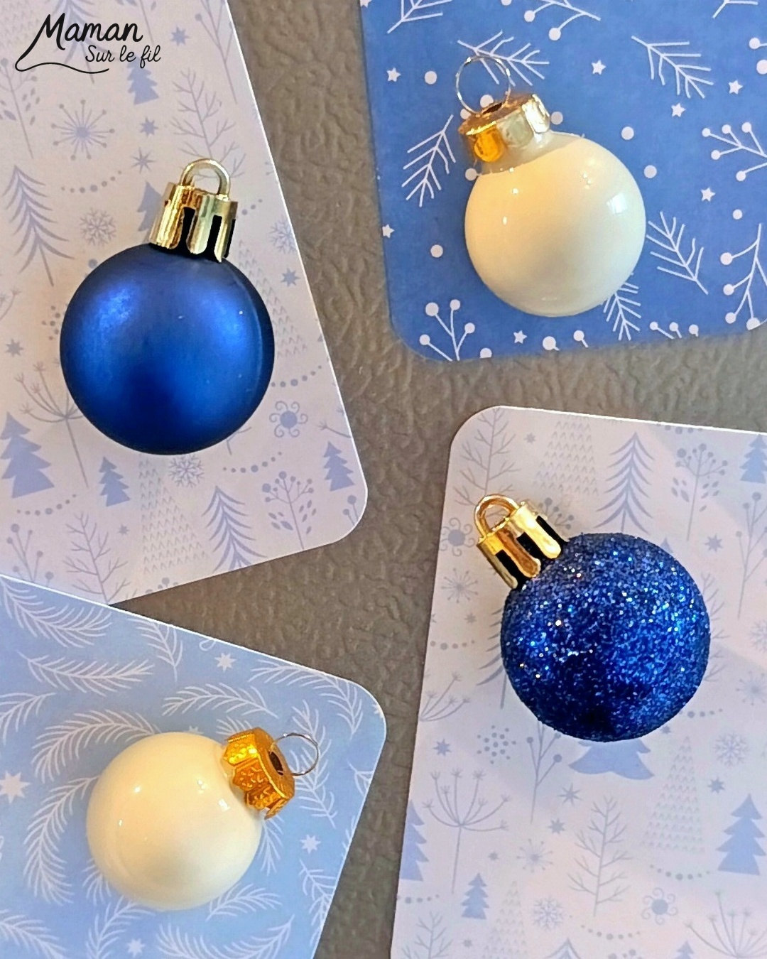 Fabriquer des magnets hivernaux avec de vieilles boules de Noël : activité créative, récup' et manuelle enfants - Recyclage, surcyclage de mini boules de Noël - Décoration faite maison et DIY - Bleu et blanc - Décoration à offrir - à accrocher au frigo - Entre Noël et hiver -Bricolage joli et décoration DIY et facile - Bricolage Fait maison, décoration - Thème Noël, fêtes de fin d'année, décorations pour la maison, hiver - Bricolage sympa et facile - Arts visuels Maternelle et cycle 2 - Maternelle et élémentaire - Créativité - Cycle 1 ou 2 - tutoriel photos - mslf
