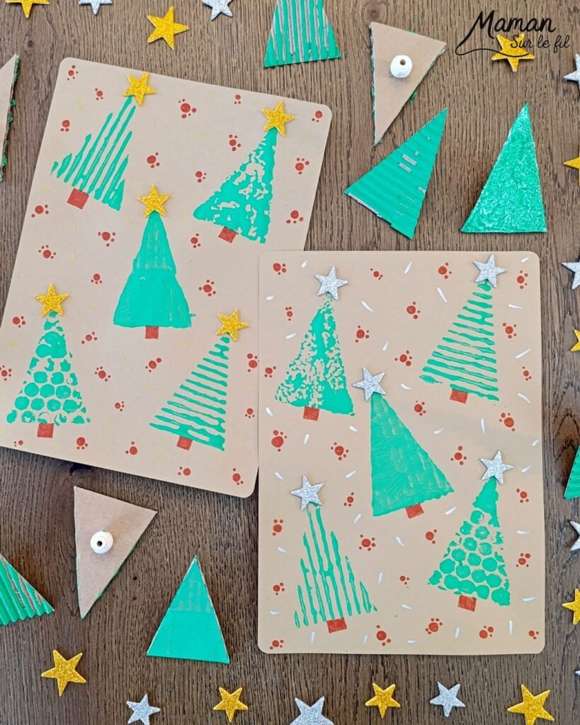 Fabriquer des tampons Sapins DIY en récup' : activité créative, récup', peinture et manuelle enfants - Recyclage, surcyclage de carton, de papier à bulles et de papier aluminium - Carton plat et ondulé - Perles pour la prise en main plus facile - Différentes textures pour différentes rendus - Peinture avec les tampons fait maison - Dessin et graphismes pour les détails - Gommettes Etoiles pailletées - Bricolage DIY facile et rapide - Thème hiver, Noël, fêtes de fin d'année - Décoration DIY - Bricolage et décoration sympa et facile - Arts visuels maternelle et élémentaire - Cycles 1 et 2 - Créativité - tutoriel photos et vidéo - mslf
