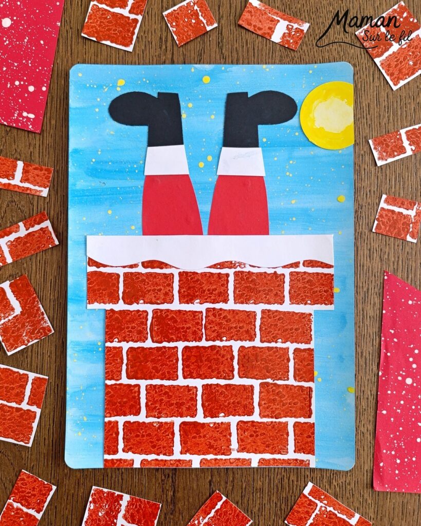Créer un Père Noël à l'envers dans la cheminée : activité créative et manuelle enfants - Découpage et collage de papier -Fond en peinture type aquarelle et peinture éclaboussée jaune pour les étoiles - Cheminée peinte avec une éponge pour la texture et la forme des briques - Papier blanc pour la neige - - Bricolage rigolo et décoration DIY et facile - Bricolage Fait maison, décoration - Thème hiver, froid, Noël, fêtes de fin d'année - Bricolage sympa et facile - Arts visuels Maternelle et cycle 2 - Maternelle et élémentaire - Créativité - Cycle 1 ou 2 - tutoriel photos - mslf