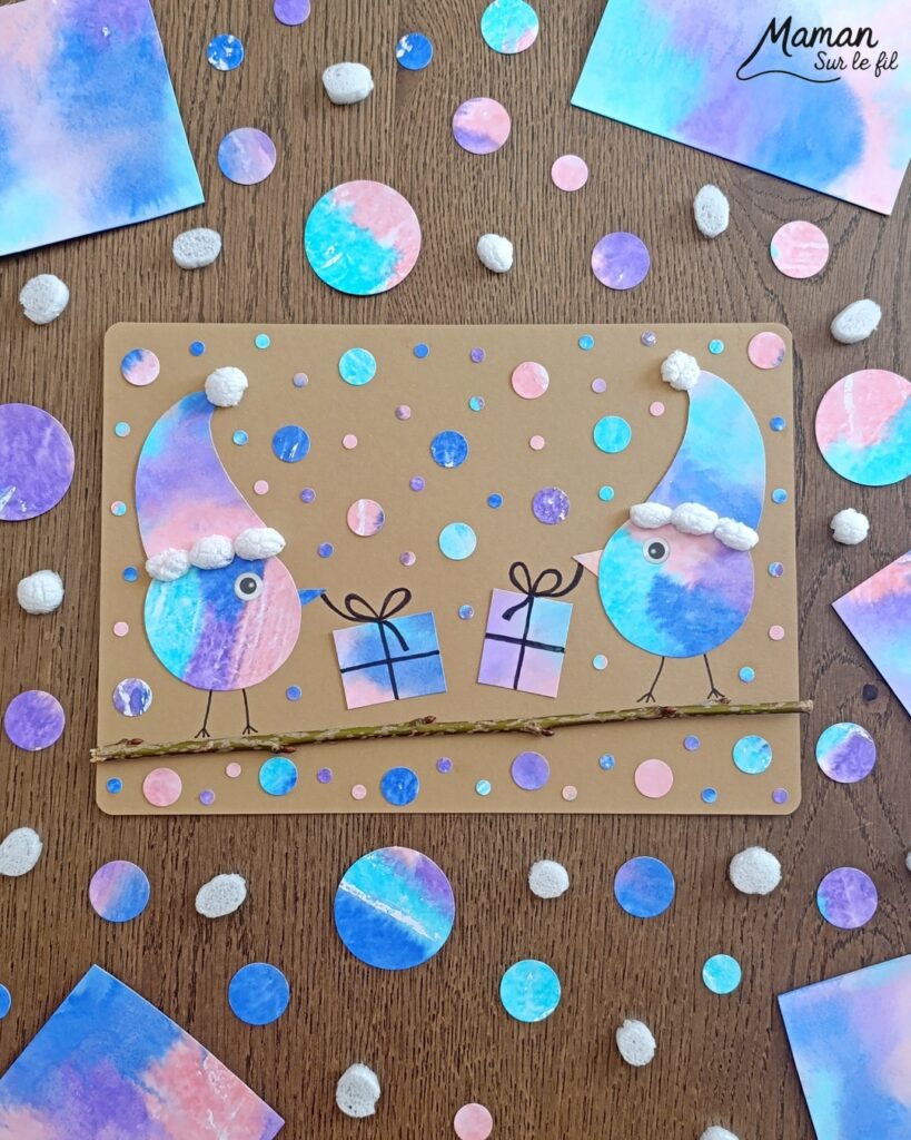 Créer des petits oiseaux d'hiver et leurs cadeaux avec la technique des feutres et du papier aluminium : activité créative, peinture et manuelle enfants - Oiseaux hivernaux avec cercles de papier - Couleurs avec feutres sur aluminium et eau - Technique au rendu joli - Cercles, géométrie, découpage, collage - Perforatrice - Land art avec collage d'une branche - Petits bonnets et cadeaux pour décorer - Flocons de maïs -Dessin - Couleurs hivernales - Bricolage DIY facile et rapide - Thème hiver, Noël, oiseaux, animaux de la forêt, des bois, du froid, nature - Décoration DIY - Bricolage et décoration sympa et facile - Arts visuels maternelle et élémentaire - Cycles 1 et 2 - Créativité - tutoriel photos - mslf