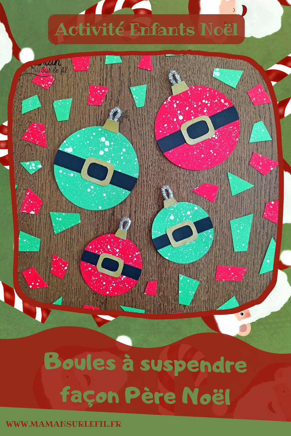 Créer des boules à suspendre façon Père Noël et Lutin : activité créative et manuelle enfants - Découpage et collage de papier -Peinture éclaboussée blanche - Géométrie, utilisation d'un compas, cercle - Feutre doré pour les détails de la ceinture - Fil chenille argenté pour accrocher les boules de Noël - Bricolage rigolo et décoration DIY et facile - Bricolage Fait maison, décoration - Thème Noël, fêtes de fin d'année, décorations pour le sapin, Lutins du père Noêl - Bricolage sympa et facile - Arts visuels Maternelle et cycle 2 - Maternelle et élémentaire - Créativité - Cycle 1 ou 2 - tutoriel photos - mslf
