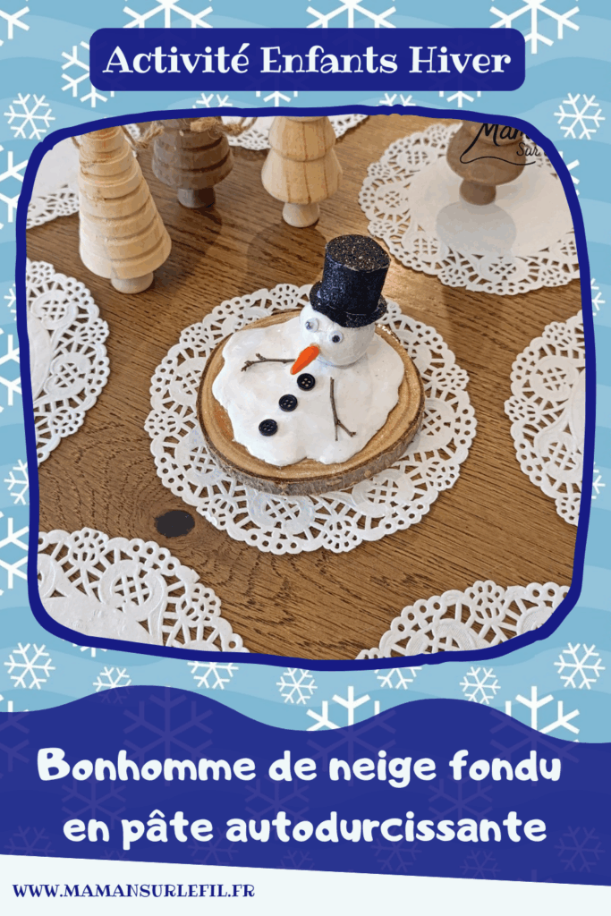 Fabriquer un bonhomme de neige fondu en pâte autodurcissante - activité créative et manuelle enfants - Décoration DIY et rigolote - Modelage, peinture, collage - Feutrine pour le chapeau, boutons et branches pour les bras - Le tout sur rondin de bois et napperon blanc - Bricolage et décoration DIY - Bricolage Fait maison, décoration - Thème Hiver, froid, neige - Bricolage sympa et facile - Arts visuels Maternelle et cycle 2 - Maternelle et élémentaire - Créativité - Cycle 1 ou 2 - tutoriel photos - mslf