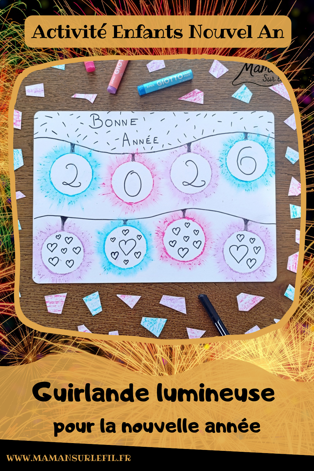 Créer une guirlande lumineuse en pastels étalés pour la nouvelle année : activité créative et manuelle enfants - Carte pour souhaiter une bonne année 2026 - Technique du pastel gras étalé au doigt pour un effet lumineux - Dessin, écriture et graphismes noirs - Nouvel an, Jour de l'an ou Noël - Bricolage et décoration DIY et facile - Bricolage Fait maison, décoration - Thème Fêtes de fin d'année, Nouvel an, Jour de l'an, bonne année - Bricolage sympa et facile - Arts visuels Maternelle et cycle 2 - Maternelle et élémentaire - Créativité - Cycle 1 ou 2 - tutoriel photos et vidéo - mslf