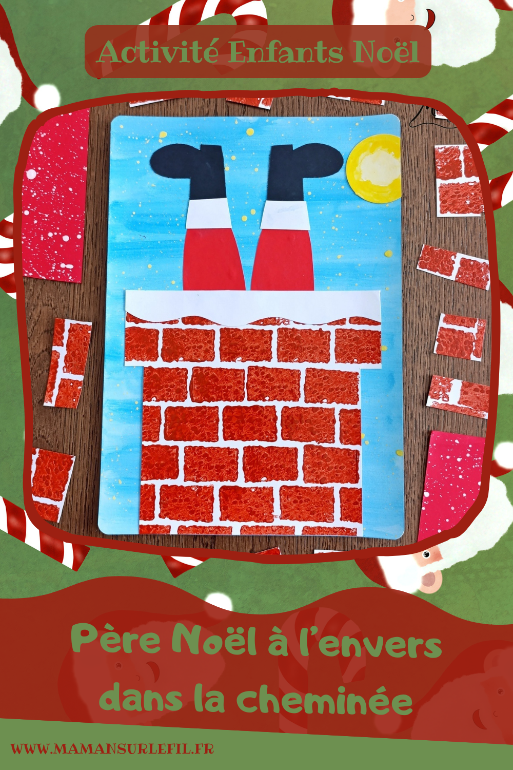 Créer un Père Noël à l'envers dans la cheminée : activité créative et manuelle enfants - Découpage et collage de papier -Fond en peinture type aquarelle et peinture éclaboussée jaune pour les étoiles - Cheminée peinte avec une éponge pour la texture et la forme des briques - Papier blanc pour la neige - - Bricolage rigolo et décoration DIY et facile - Bricolage Fait maison, décoration - Thème hiver, froid, Noël, fêtes de fin d'année - Bricolage sympa et facile - Arts visuels Maternelle et cycle 2 - Maternelle et élémentaire - Créativité - Cycle 1 ou 2 - tutoriel photos - mslf
