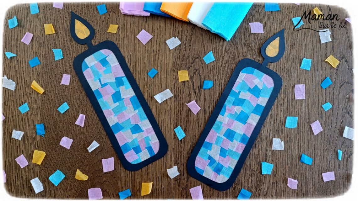 Créer des bougies hivernales en papier crépon, façon attrape-soleil : activité créative et manuelle enfants - Découpage et collage de papier - Utilisation de papier autocollant et transparent pour la couverture des livres - Mosaïque avec des carrés de papier crépon - Transparence pour un effet attrape-soleil - Contraste avec couleurs hivernales - Bricolage joli et décoration DIY et facile - Parfait pour les mains des plus petits - Bricolage Fait maison, décoration - Thème Noël, fêtes de fin d'année, cartes de voeux, hiver, cocooning, anniversaire - Bricolage sympa et facile - Arts visuels Maternelle et cycle 2 - Maternelle et élémentaire - Créativité - Cycle 1 ou 2 - tutoriel photos et vidéo - mslf