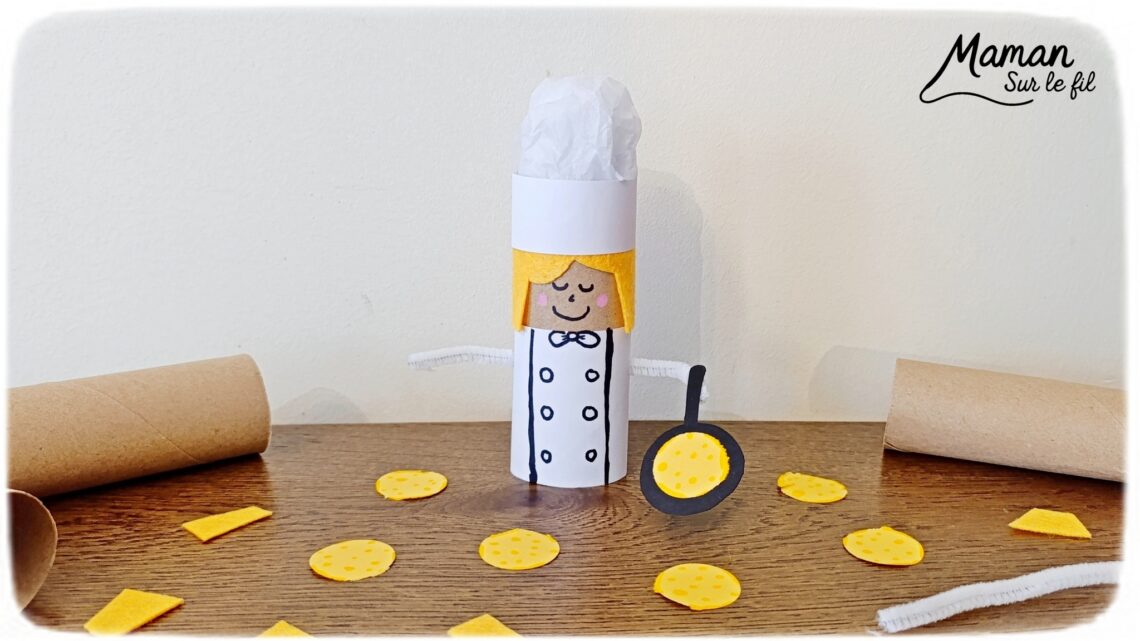 Fabriquer un cuisinier qui fait des crêpes pour la Chandeleur : activité créative, récup' et manuelle enfants - Recyclage, surcyclage de rouleau de papier toilette, PQ, en carton - Papier, feutrine pour les cheveux, papier de soie pour la toque - Dessin - Boulanger en action - Bricolage facile, mignon et rigolo - Thème Hiver, Chandeleur, goûters rigolos, gourmandises sucrées - Bricolage et décoration sympa et facile - Arts visuels maternelle et élémentaire - Cycles 1 et 2 - Créativité - tutoriel photos - mslf