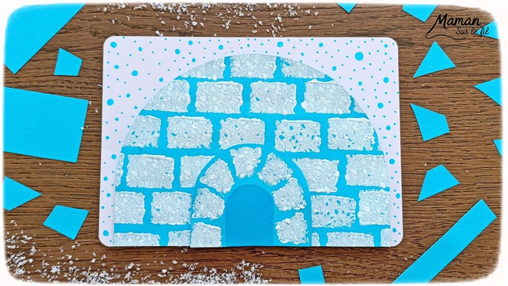 Peindre un igloo avec une éponge : activité créative, peinture et manuelle enfants - Technique de peinture ludique - Effet neige et briques grâce à une éponge - Découpage, collage - Relief grâce à des adhésifs double face en mousse - Graphismes et dessins - Bricolage facile et rigolo - Thème igloos, inuits, esquimaux, banquise, neige, pôle Arctique et Antarctique, hiver - Bricolage et décoration sympa et facile - Arts visuels maternelle et élémentaire - Cycles 1 et 2 - Créativité - tutoriel photos et vidéo - mslf