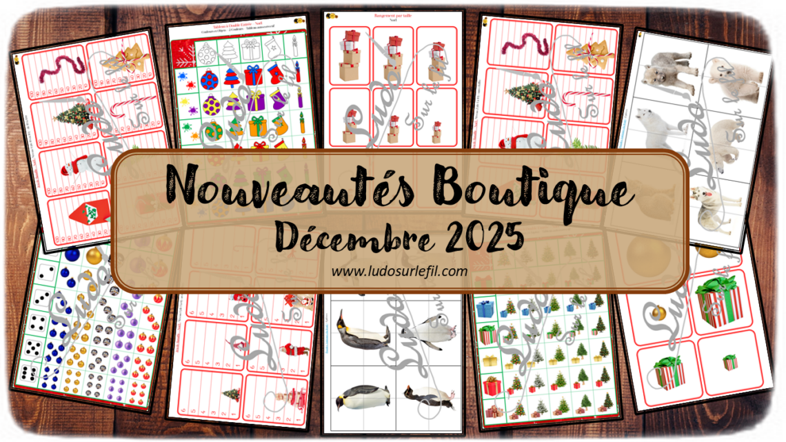 Nouveautés décembre 2025 - Boutique en ligne Ludo sur le fil - fichiers jeux pdf à télécharger et imprimer ou jeux imprimés envoyés à domicile - Thèmes Hiver, Noël, Animaux du froid - puzzles, classement, rangement, tri par taille, jeu de bataille, tableaux double entrée, repérage espace, observation, langage oral, vocabulaire - Photos - Association, mise en paire, mathématiques - jeux, activités - PDF à télécharger et imprimer - atelier autocorrectif multi niveaux donc progressif - Vocabulaire, lexique - Maternelle Cycle 2 - Autonomie - Banquise, pôles, manchots, phoques... - mslf