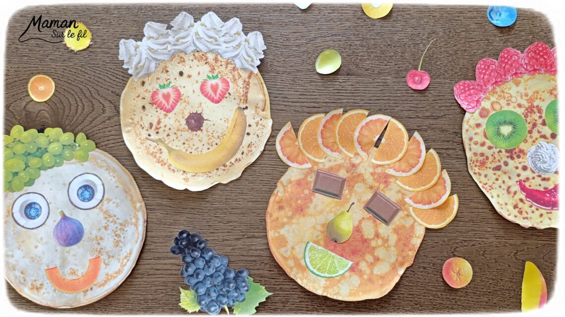Décore ta crêpe comme un visage : Jeu pour la Chandeleur : activité créative et manuelle enfants - PDF gratuit - Printable à télécharger gratuitement - Découpage, collage, imagination - Différents modèles de crêpes et multiples ingrédients pour cheveux, yeux, nez, bouche (fruits, chocolat, crème fouettée, confiture, miel sucre - Bricolage facile, mignon et rigolo - Thème Hiver, Chandeleur, goûters rigolos, gourmandises sucrées - Bricolage et décoration sympa et facile - Arts visuels maternelle et élémentaire - Cycles 1 et 2 - Créativité - tutoriel photos - mslf