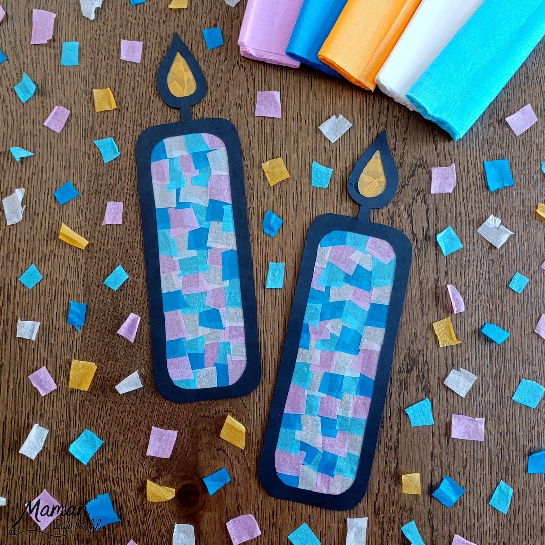 Créer des bougies hivernales en papier crépon, façon attrape-soleil : activité créative et manuelle enfants - Découpage et collage de papier - Utilisation de papier autocollant et transparent pour la couverture des livres - Mosaïque avec des carrés de papier crépon - Transparence pour un effet attrape-soleil - Contraste avec couleurs hivernales - Bricolage joli et décoration DIY et facile - Parfait pour les mains des plus petits - Bricolage Fait maison, décoration - Thème Noël, fêtes de fin d'année, cartes de voeux, hiver, cocooning, anniversaire - Bricolage sympa et facile - Arts visuels Maternelle et cycle 2 - Maternelle et élémentaire - Créativité - Cycle 1 ou 2 - tutoriel photos et vidéo - mslf