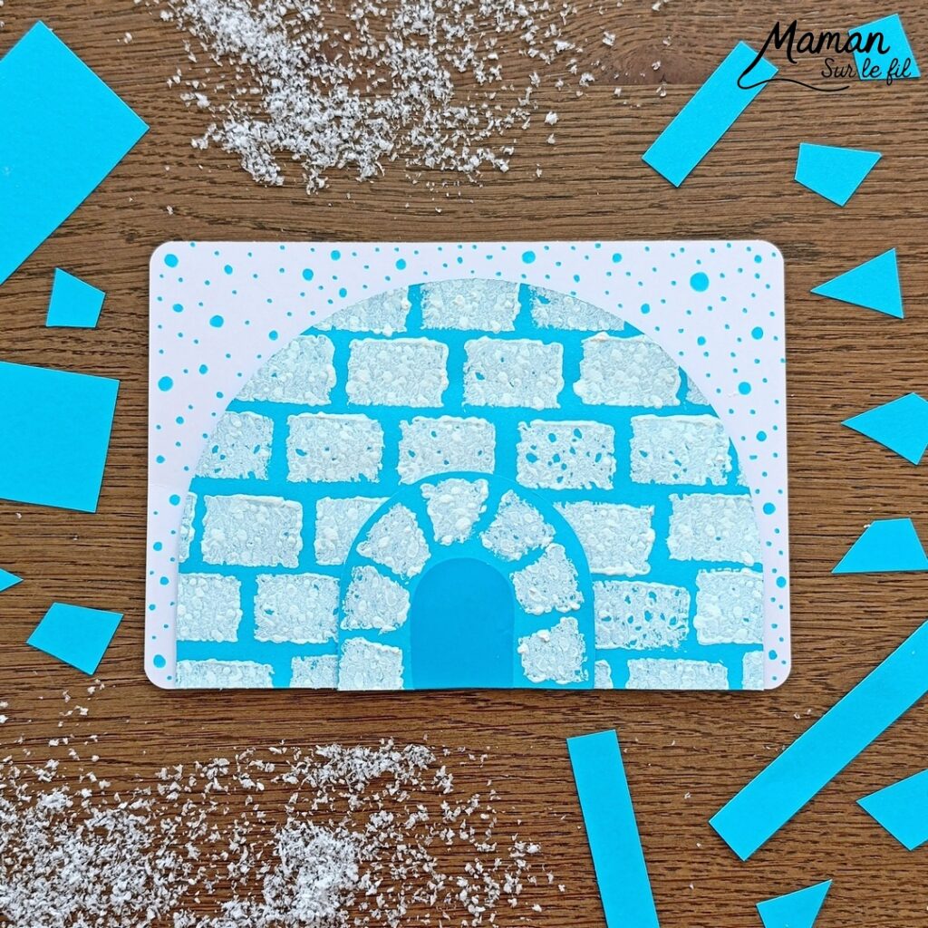 Peindre un igloo avec une éponge : activité créative, peinture et manuelle enfants - Technique de peinture ludique - Effet neige et briques grâce à une éponge - Découpage, collage - Relief grâce à des adhésifs double face en mousse - Graphismes et dessins - Bricolage facile et rigolo - Thème igloos, inuits, esquimaux, banquise, neige, pôle Arctique et Antarctique, hiver - Bricolage et décoration sympa et facile - Arts visuels maternelle et élémentaire - Cycles 1 et 2 - Créativité - tutoriel photos et vidéo - mslf