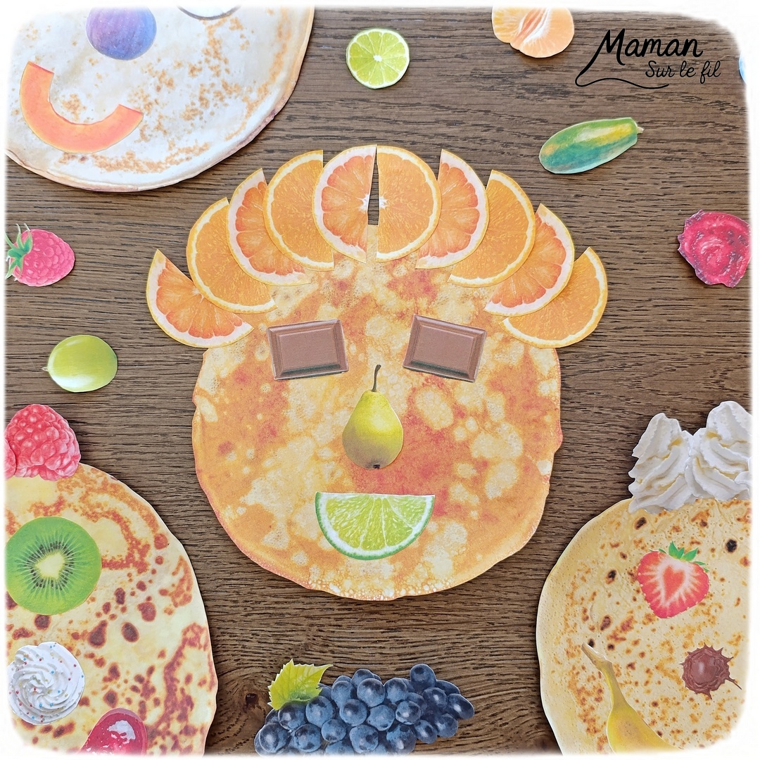 Décore ta crêpe comme un visage : Jeu pour la Chandeleur : activité créative et manuelle enfants - PDF gratuit - Printable à télécharger gratuitement - Découpage, collage, imagination - Différents modèles de crêpes et multiples ingrédients pour cheveux, yeux, nez, bouche (fruits, chocolat, crème fouettée, confiture, miel sucre - Bricolage facile, mignon et rigolo - Thème Hiver, Chandeleur, goûters rigolos, gourmandises sucrées - Bricolage et décoration sympa et facile - Arts visuels maternelle et élémentaire - Cycles 1 et 2 - Créativité - tutoriel photos - mslf