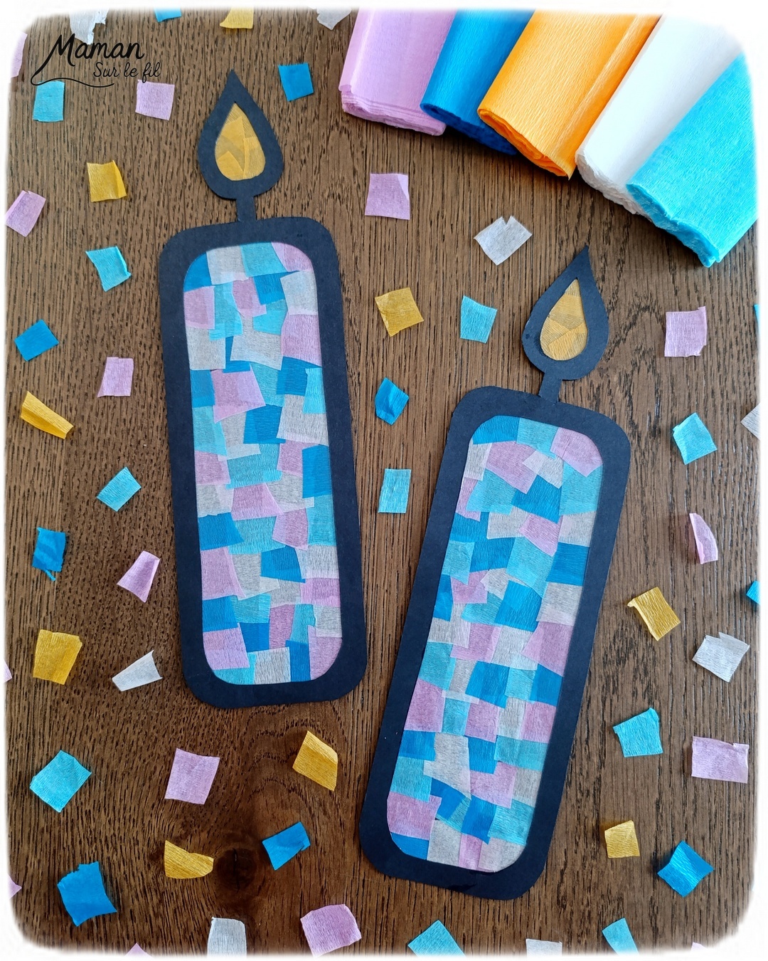 Créer des bougies hivernales en papier crépon, façon attrape-soleil : activité créative et manuelle enfants - Découpage et collage de papier - Utilisation de papier autocollant et transparent pour la couverture des livres - Mosaïque avec des carrés de papier crépon - Transparence pour un effet attrape-soleil - Contraste avec couleurs hivernales - Bricolage joli et décoration DIY et facile - Parfait pour les mains des plus petits - Bricolage Fait maison, décoration - Thème Noël, fêtes de fin d'année, cartes de voeux, hiver, cocooning, anniversaire - Bricolage sympa et facile - Arts visuels Maternelle et cycle 2 - Maternelle et élémentaire - Créativité - Cycle 1 ou 2 - tutoriel photos et vidéo - mslf